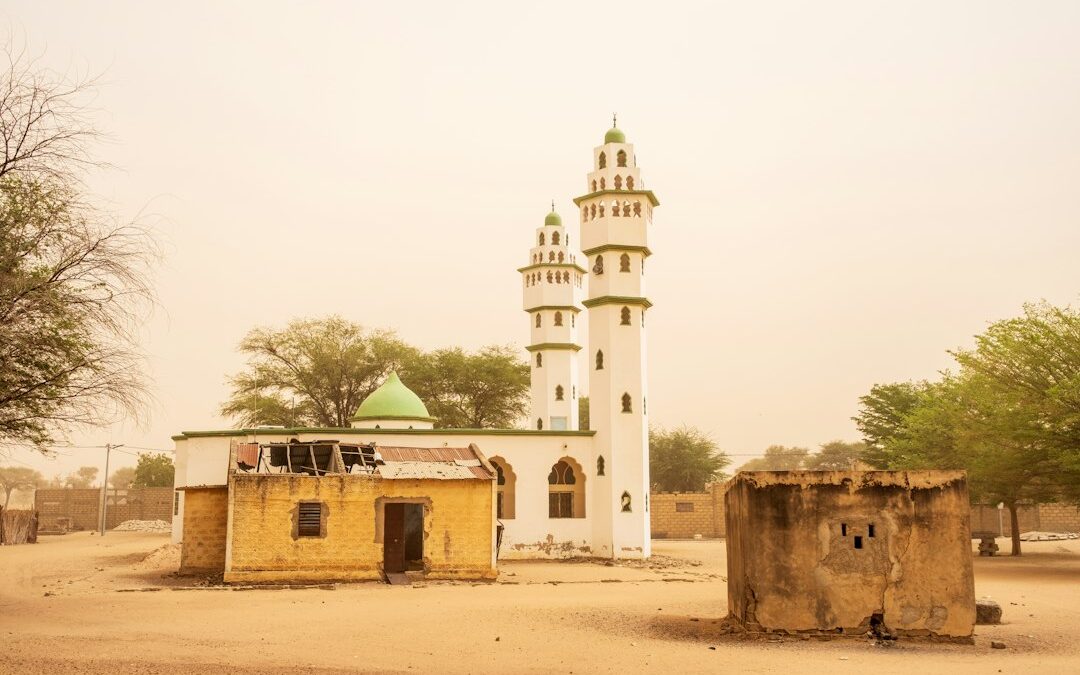 Mosquée blanche dans un paysage du Sahel